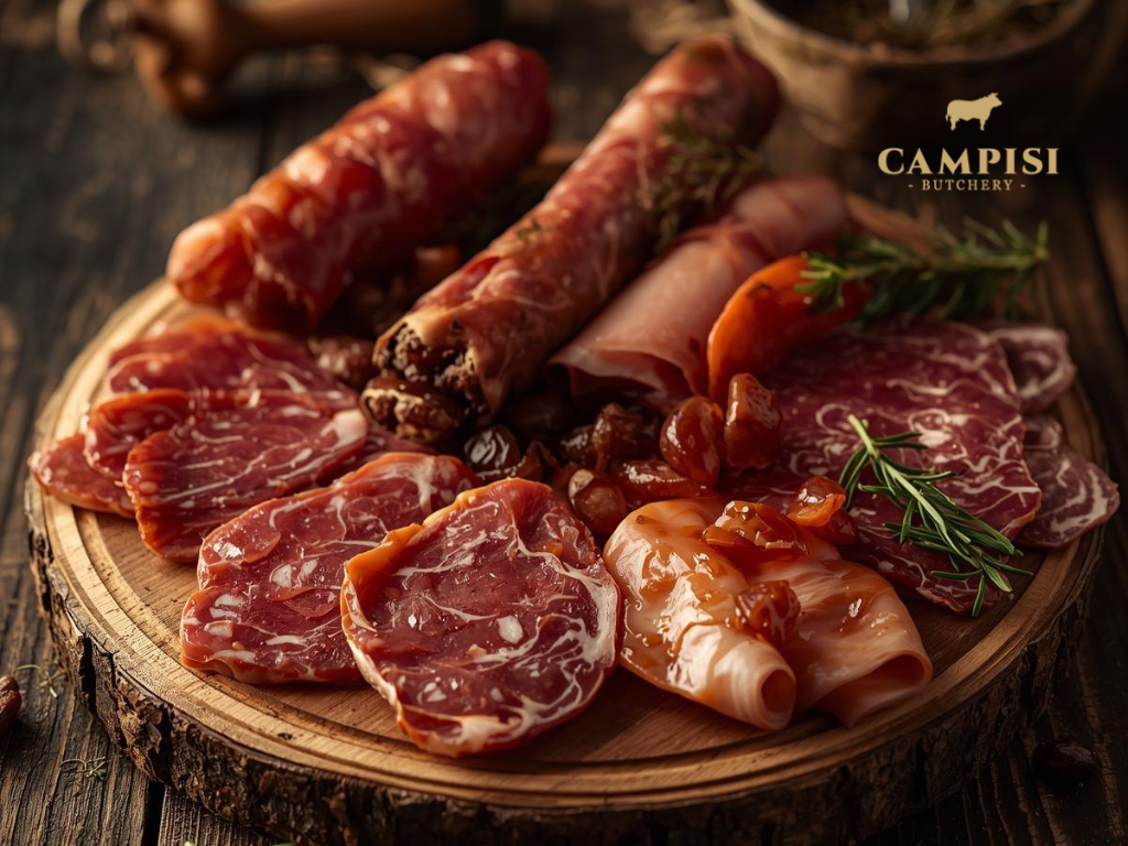  cured meats near me,salumi set, Butcher Sydney, Gourmet Meats, arranged salami bologna ham and prosciutto, Gourmet Meat Recipes 