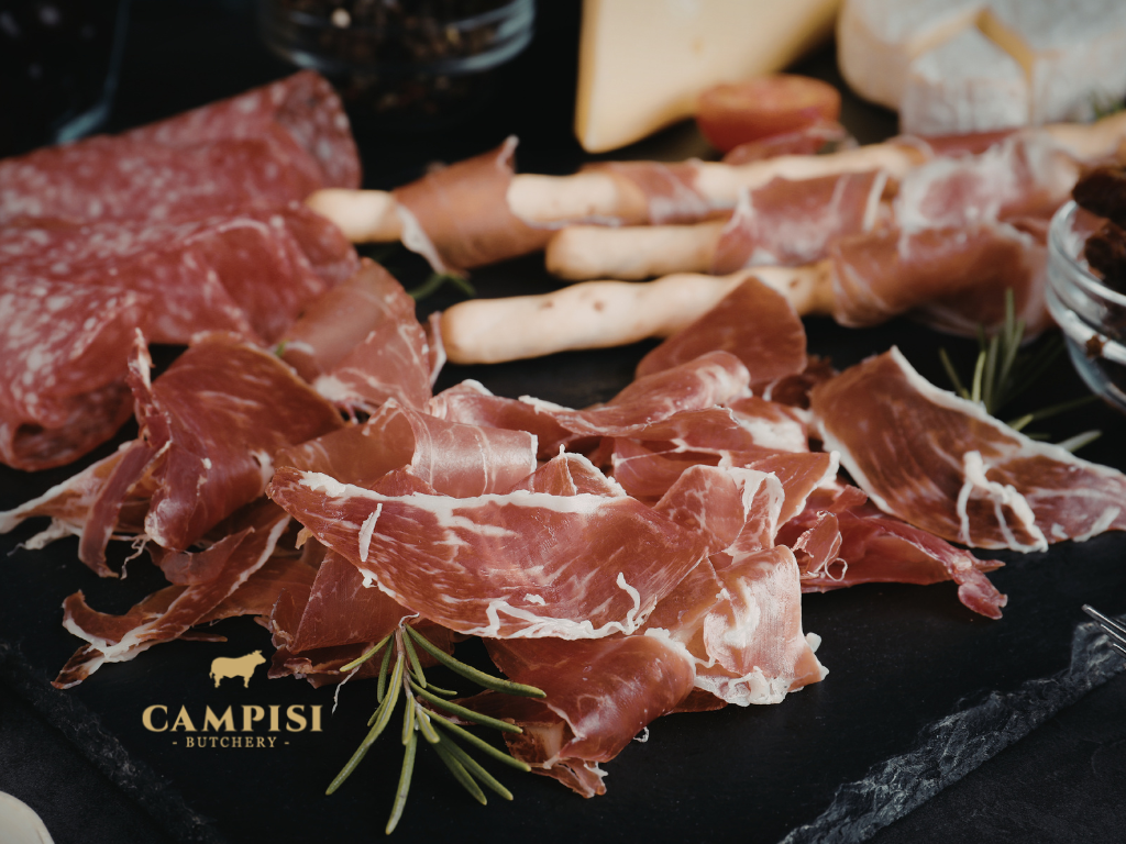 Gourmet Meats ,arranged salami bologna ham and prosciutto, salumi set , Gourmet Meat Recipes, cured meats , Organic Butcher sydney, Leg of Lamb