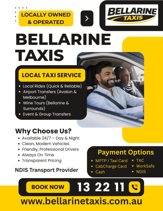 Promotional flyer for Bellarine Taxis listing local rides, airport transfers, wine tours, NDIS transport, and their 24/7 booking number 13 22 11.