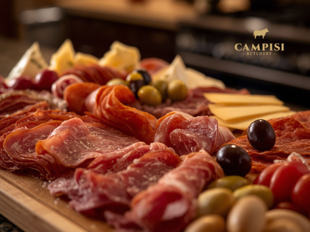 cured meats near me cured meats, salumi vs charcuterie, Salumi plate, salumi set, best salumi, Italian butchery, arranged salami bologna ham and prosciutto 