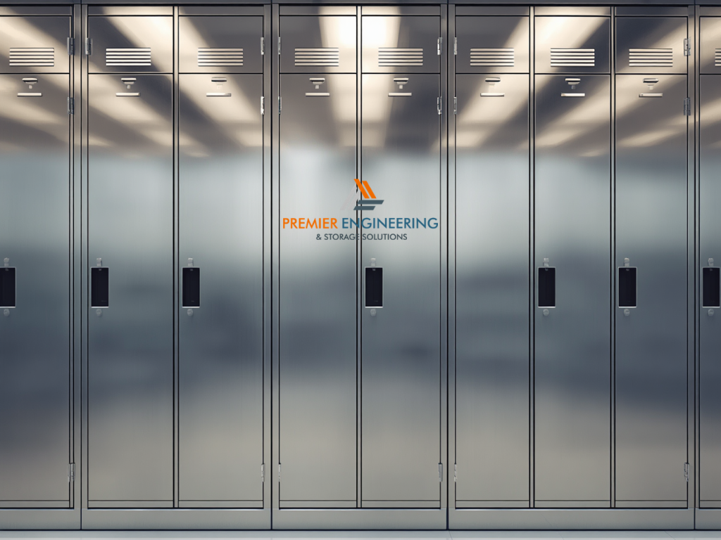 Adjustable shelving inside metal storage cabinets