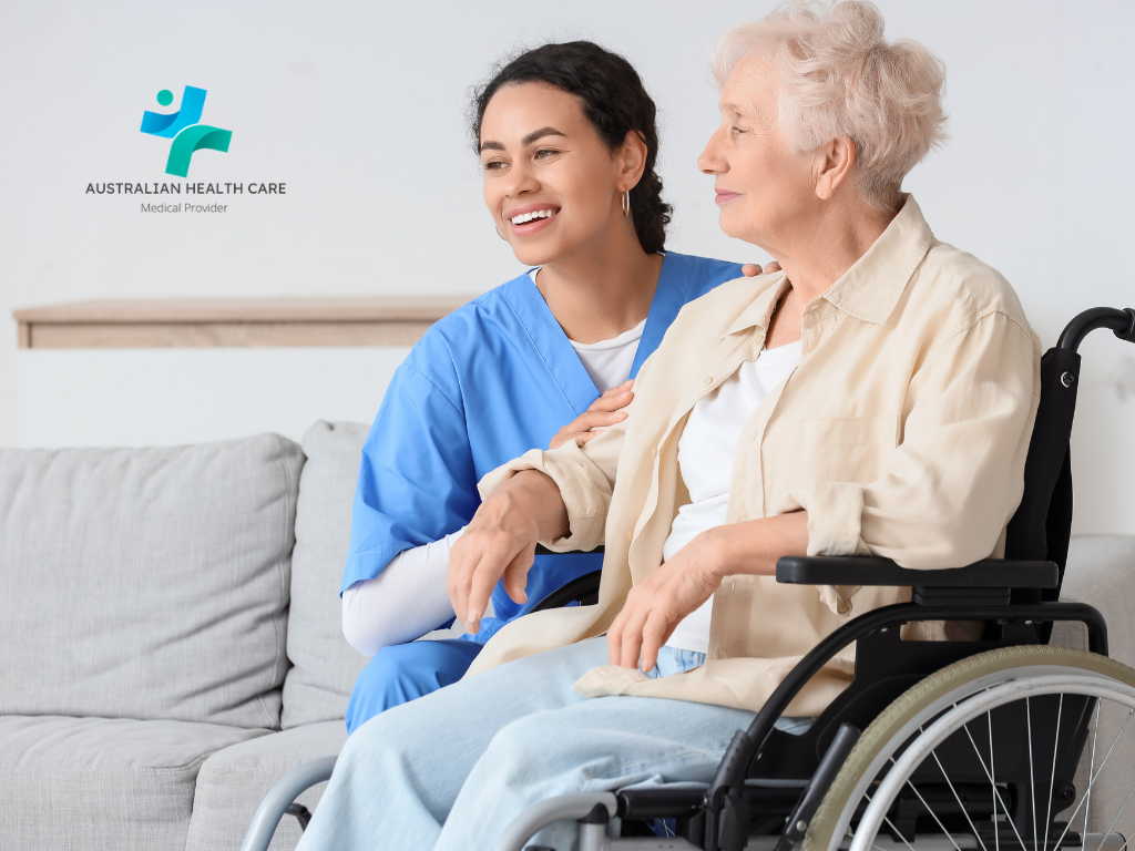 Older parent using a wireless caregiver pager call button to request assistance from a family caregiver at home