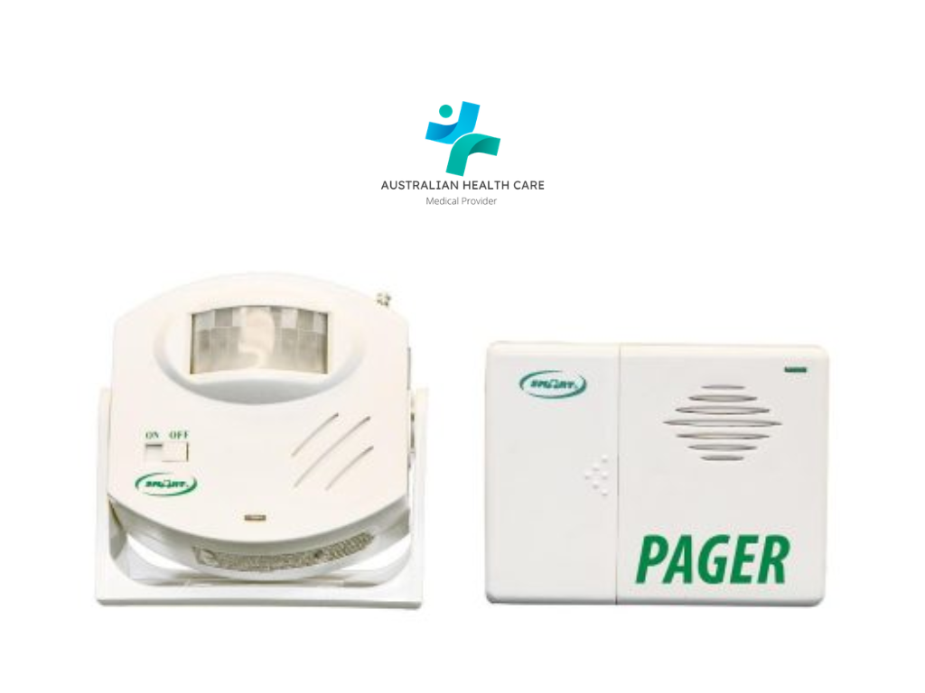 Wireless caregiver pager system with portable receiver and two call buttons displayed on a table