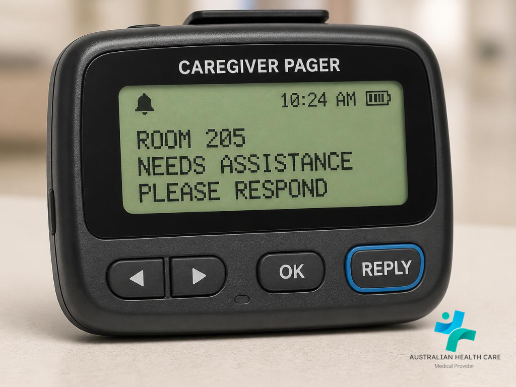 Wireless caregiver pager and wearable personal alarm displayed side by side for comparisonTitle: