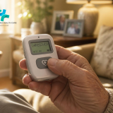 Family caregiver testing a portable wireless pager receiver after an older parent presses a call button