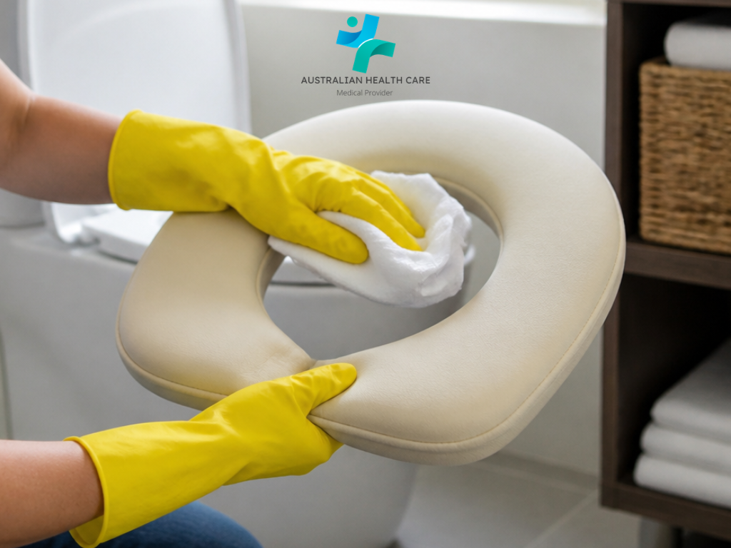 Person wearing cleaning gloves wiping the surface of a removable padded toilet seat cushion. soft toilet seat cushionsoft toilet seat, toilet seat pillow, cushion toilet seat, cushioned toilet seat, butterfly cervical pillow, ear positioning pillow, pillow with holes in it