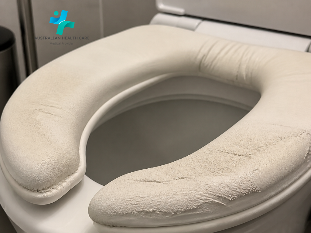 Close-up of a cushioned toilet seat showing uneven and compressed foam padding. soft toilet seat cushionsoft toilet seat, toilet seat pillow, cushion toilet seat, cushioned toilet seat, butterfly cervical pillow, ear positioning pillow, pillow with holes in it