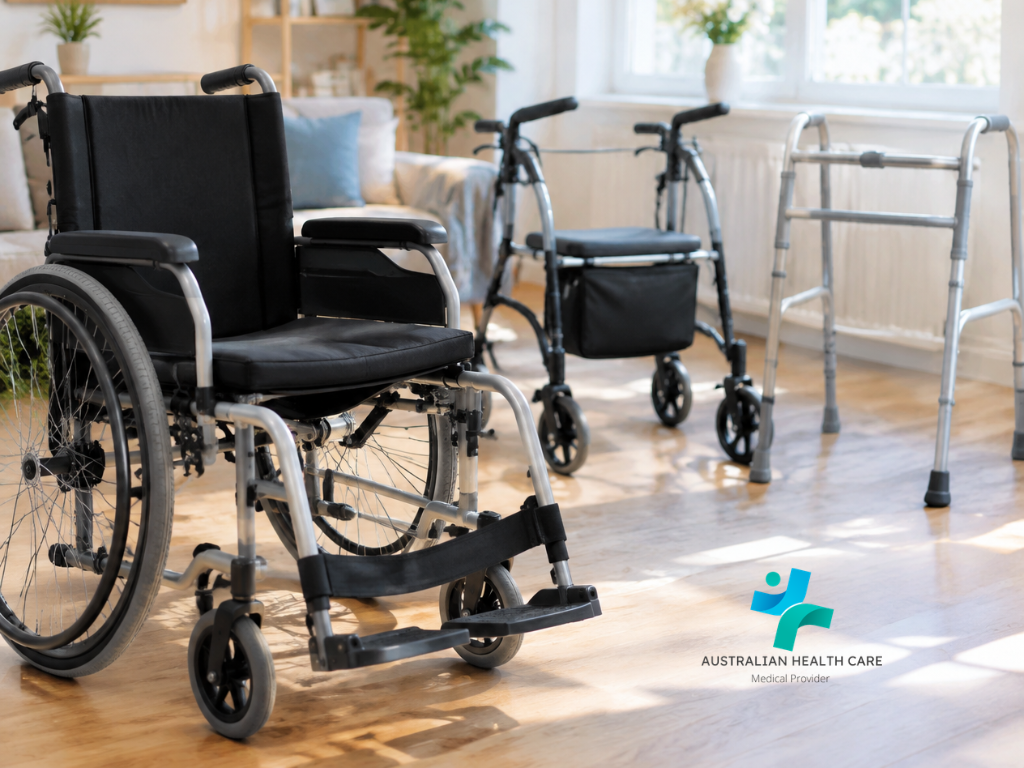 Four-wheel rollator walker with hand brakes, adjustable handles, seat and storage basket. australian medical supplies australian health supplies, health care supplies, home health supplies, medical supply store, healthcare equipment, medical equipment, wholesale healthcare supplies 