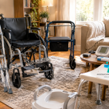 Older adult using a rollator walking aid inside the home for additional mobility support. australian medical supplies australian health supplies, health care supplies, home health supplies, medical supply store, healthcare equipment, medical equipment, wholesale healthcare supplies
