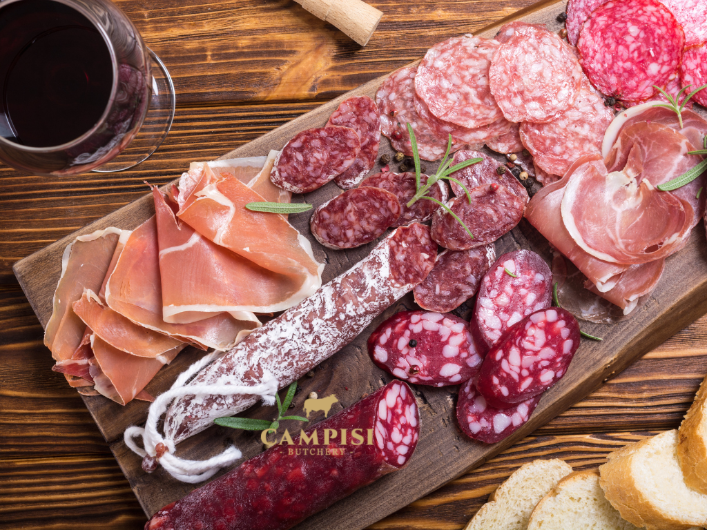 Italian salumi platter with prosciutto, salami and mortadella