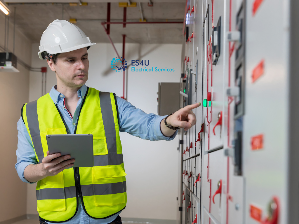 Circuit breakers inside industrial electrical switchboard