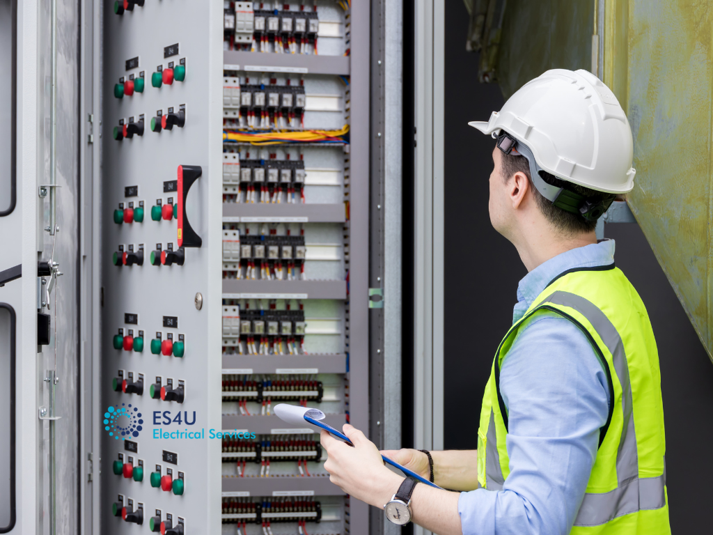 Circuit breakers inside industrial electrical switchboard