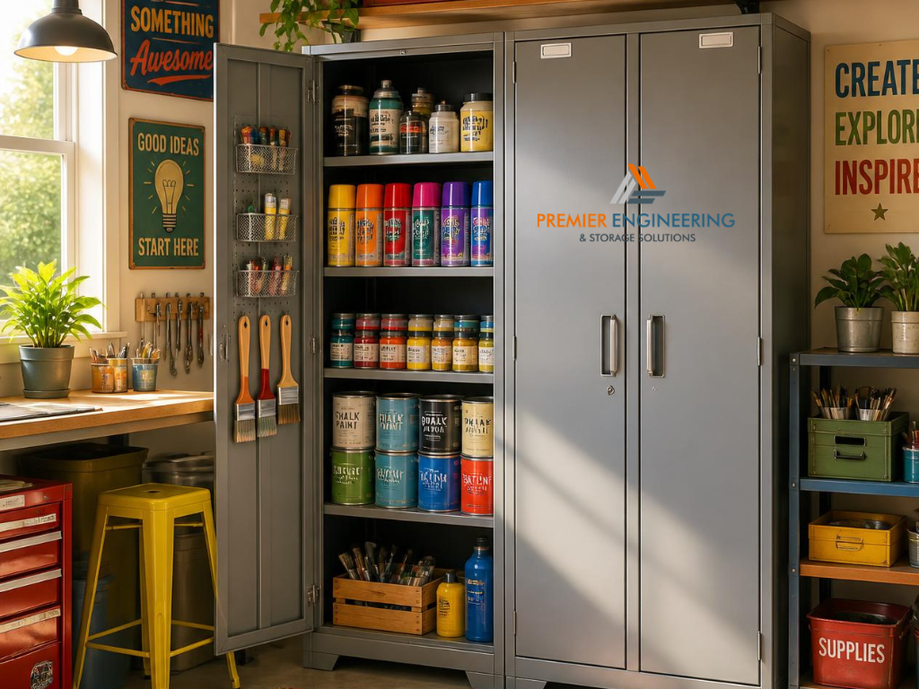 Metal storage cabinet with clear door opening space