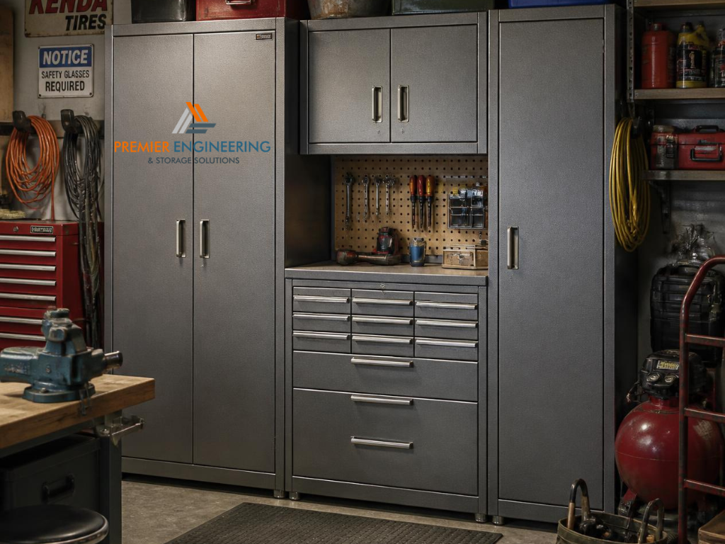 Metal storage cabinets organised in a workshop space