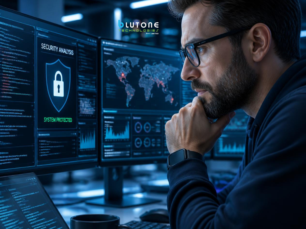 IT support engineer checking network equipment and troubleshooting laptop connectivity.