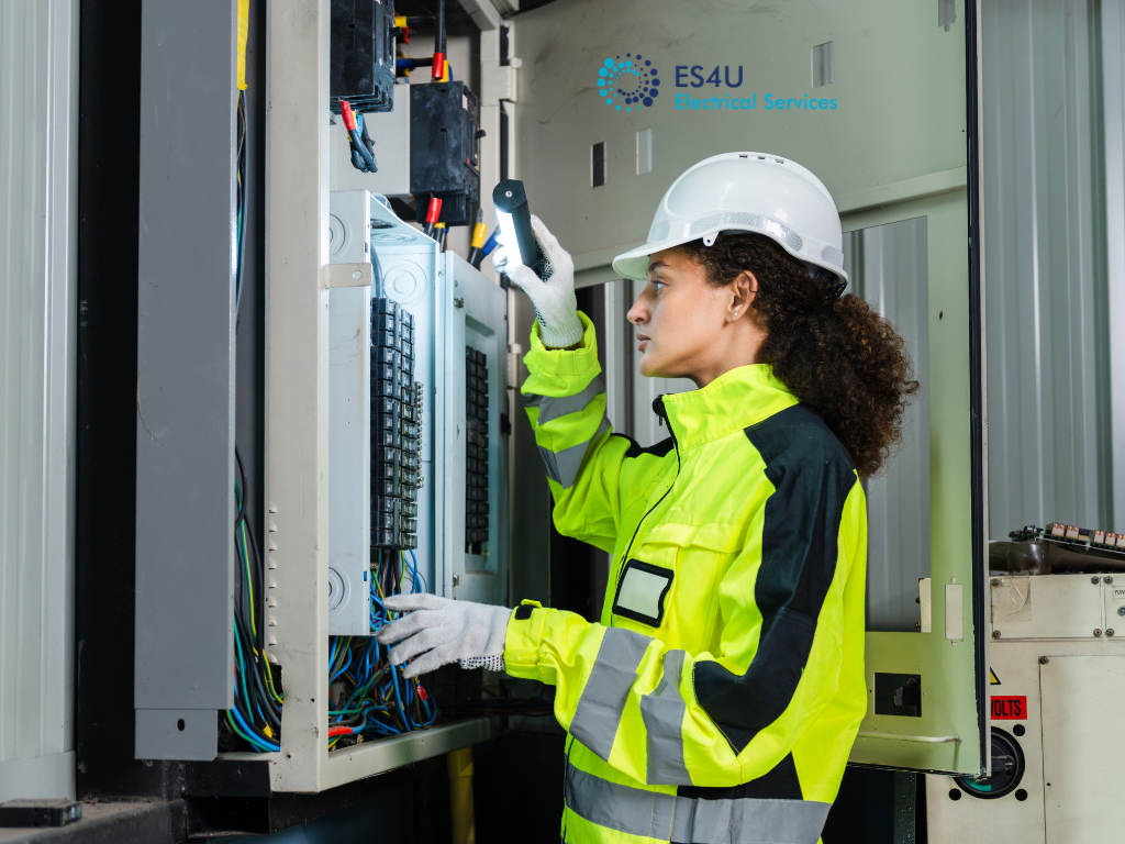 Industrial electrician installing power distribution equipment inside a warehouse