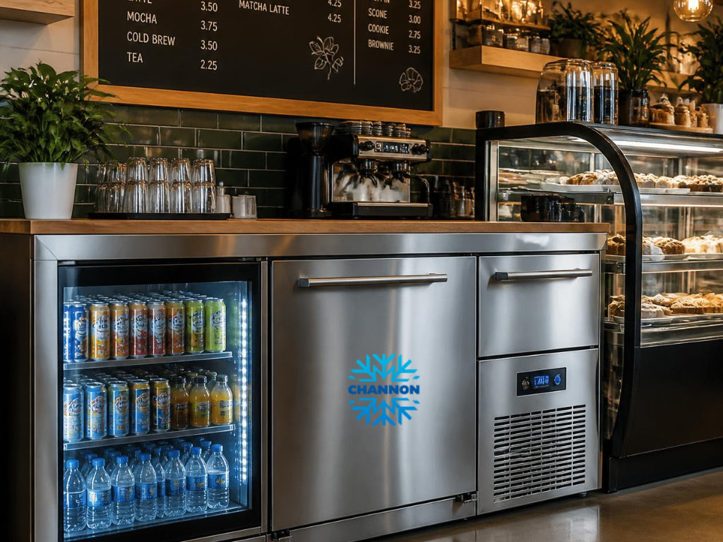 Commercial upright refrigerators and refrigerated display cabinets installed in a small café kitchen