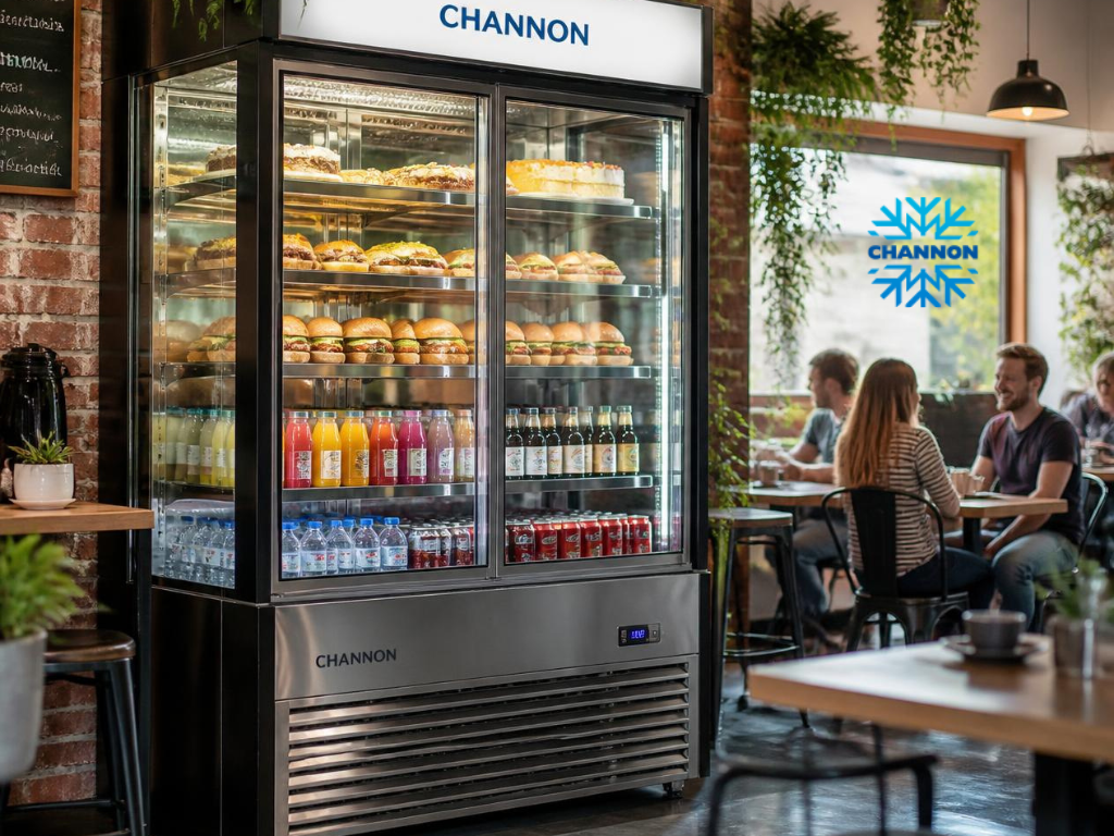 Stainless steel commercial refrigerators arranged in a hospitality equipment showroom