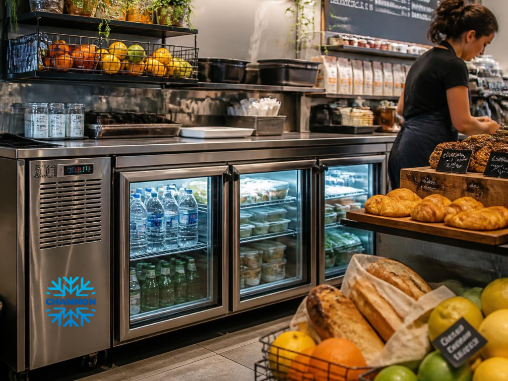 Commercial upright refrigerator and stainless steel underbench fridge in a café food preparation area
