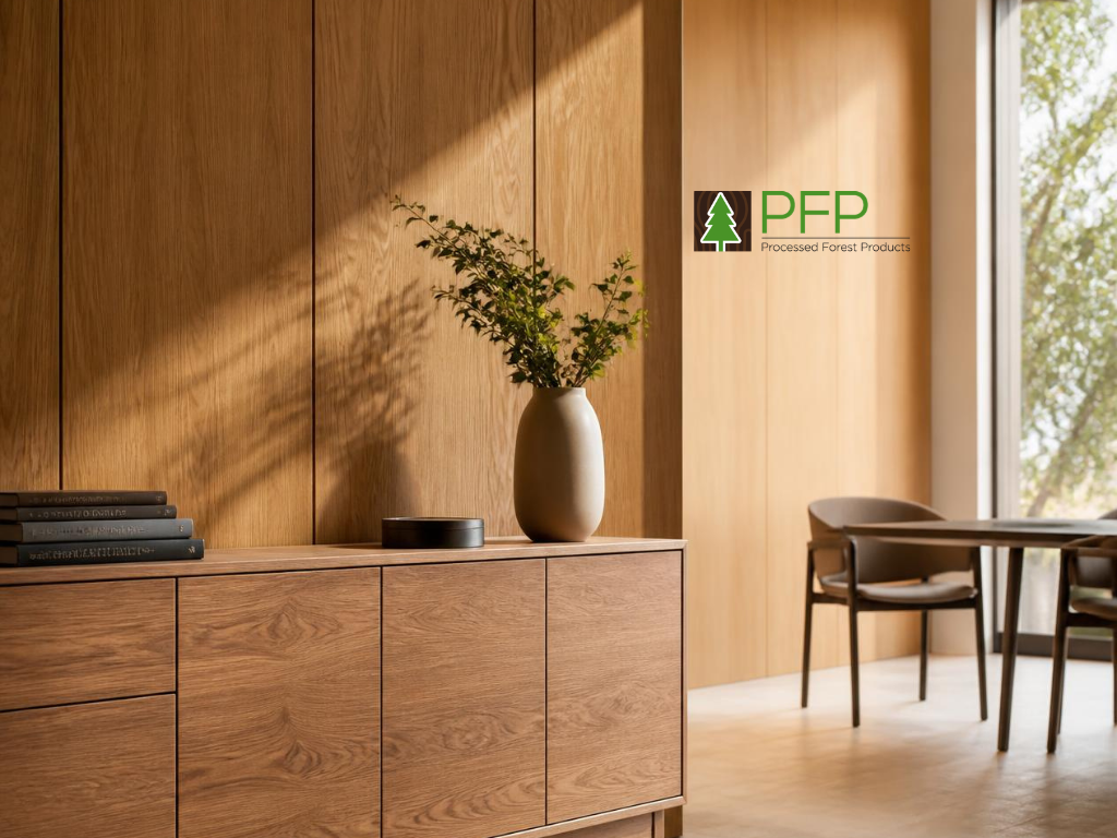 Modern Australian living room with natural timber veneer wall panels, woodgrain finishes and contemporary furniture