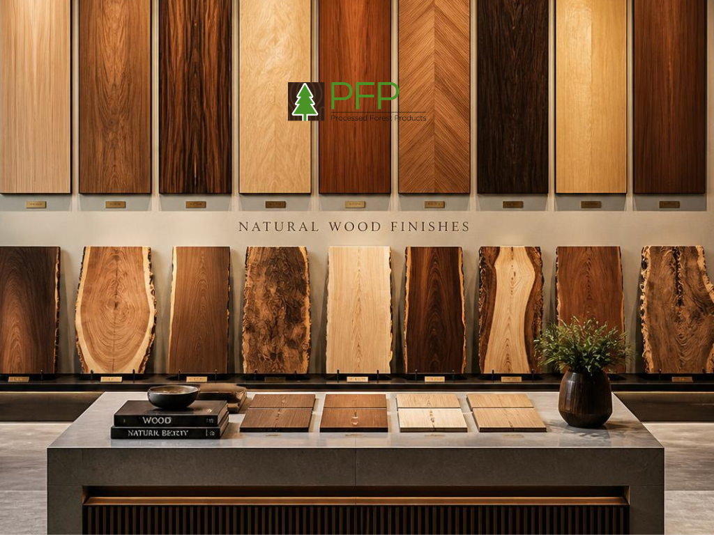 Decorative timber veneer feature wall with vertical woodgrain panels and a natural timber finish