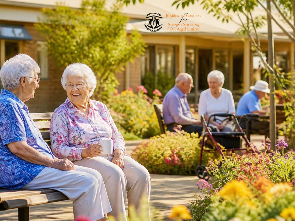 Older resident speaking with an aged care worker in a welcoming residential aged care home.