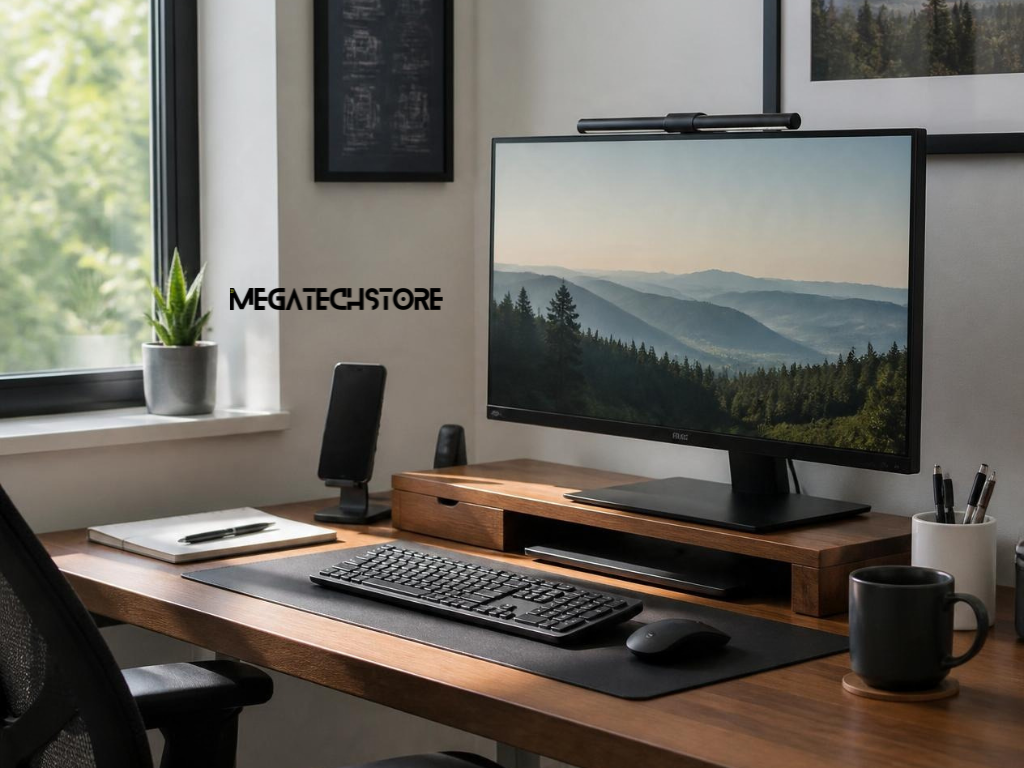 Compact mini PC positioned beside a traditional desktop computer on an office desk.