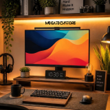 Modern office workstation with two monitors, a compact mini PC, keyboard and mouse.