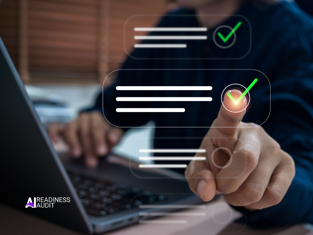 Business professional comparing AI maturity and AI readiness assessment results on a computer
