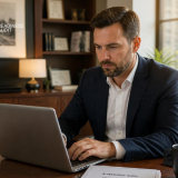 Business manager completing an AI maturity audit questionnaire on a laptop