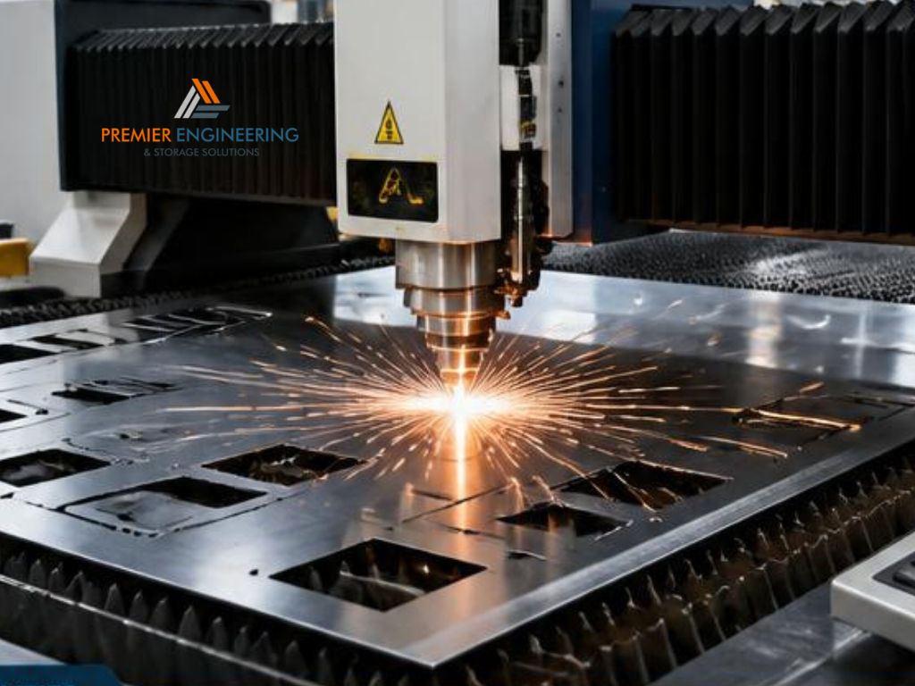 CNC laser cutting machine processing sheet metal components in an industrial fabrication workshop