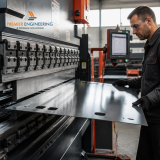 Fabrication technician examining cut stainless steel sheet metal components on a workbench