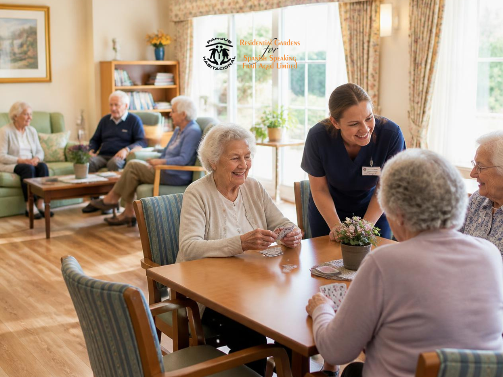 Aged care worker having a friendly conversation with an older resident in a comfortable lounge. dementia aged care facilitiesdementia specific aged care facilities, dementia and memory care facilities, aged care for dementia patients, nursing home dementia, alzheimers nursing homes, memory care residential homes, aged care nursing homes