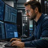 IT support professionals reviewing security alerts and computer system information on office monitors