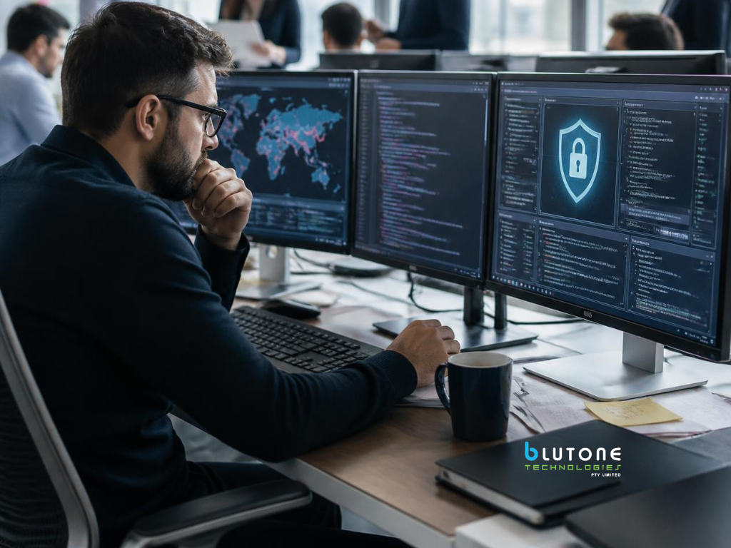 IT security professional reviewing cybersecurity risks and protection settings on a computer in a business office