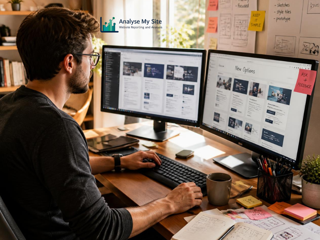 Small business owner reviewing local search results and business website visibility on a laptop. Search Engine OptimizationDigital Marketing, Search Engine Marketing, Pay Per Click Advertising, Social Media Marketing, Web Solutions, Web Development, UI/UX Design