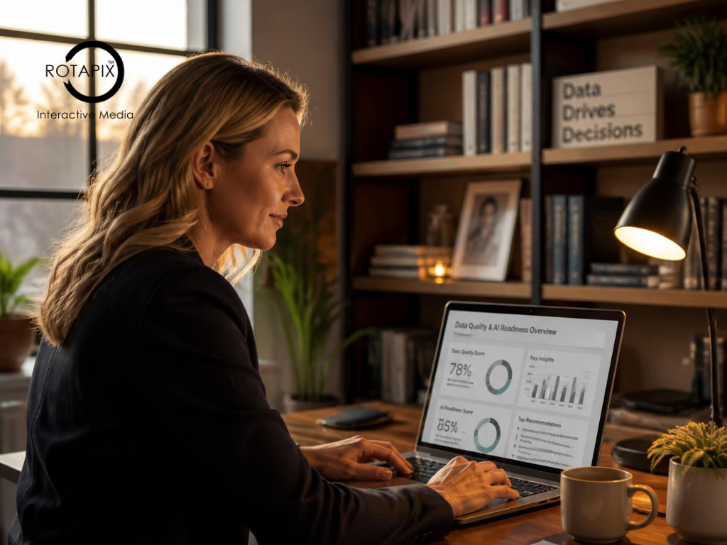 Business owner reviewing data quality and AI readiness assessment information on a laptop