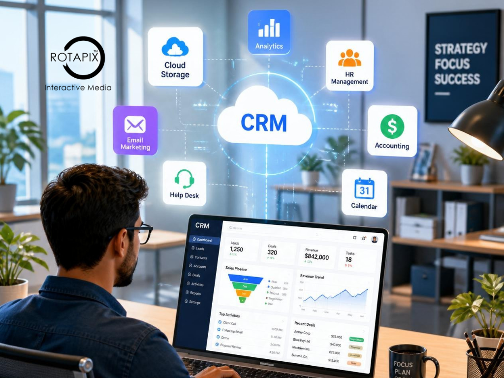 IT professional reviewing CRM software and cloud data storage connections on a computer monitor