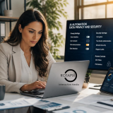 Cybersecurity specialist reviewing confidential data access permissions and security settings on a laptop
