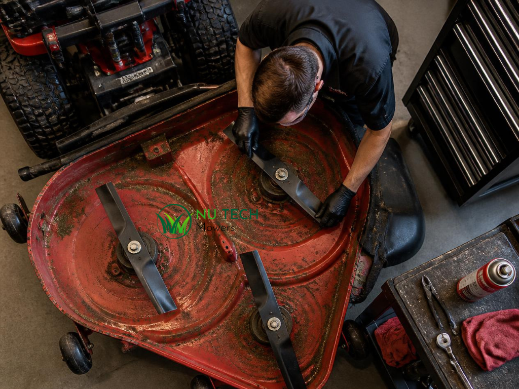Technician inspecting cutting blades and grass build-up underneath a securely supported ride-on mower deck