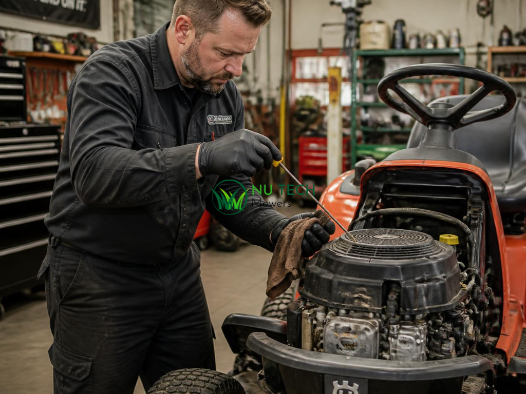 Mechanic checking the engine oil level of a petrol ride-on mower in a workshop