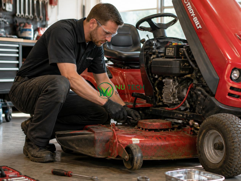 Technician inspecting the engine and cutting deck of a ride-on lawn mower during routine maintenance