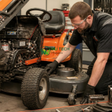 Technician checking tyre pressure and inspecting the drive components of a stationary ride-on lawn mower