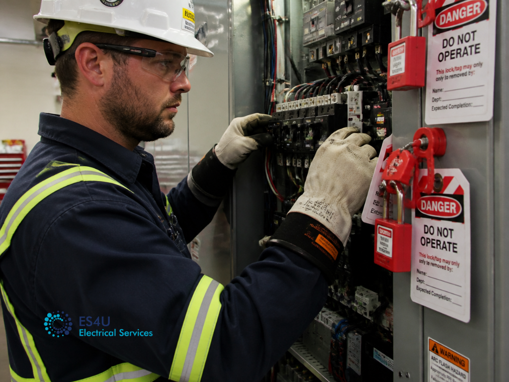 Industrial electrician inspecting an electrical switchboard with lockout tags during a planned maintenance shutdown