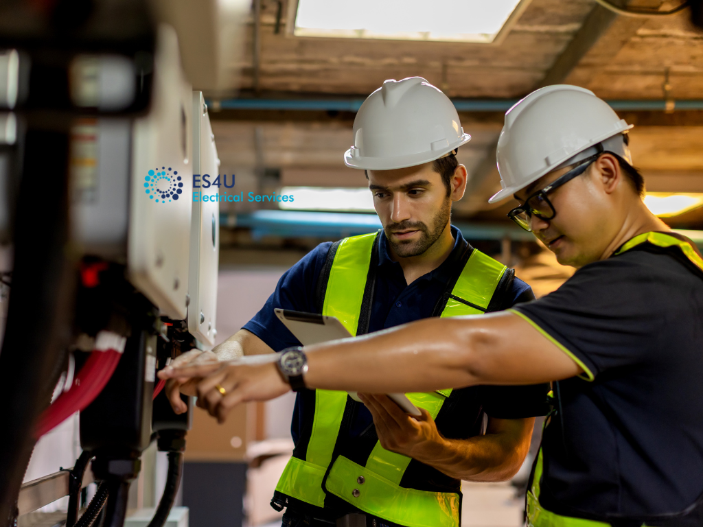 : Industrial electrician assessing electrical distribution panels and control equipment during a workplace safety inspection