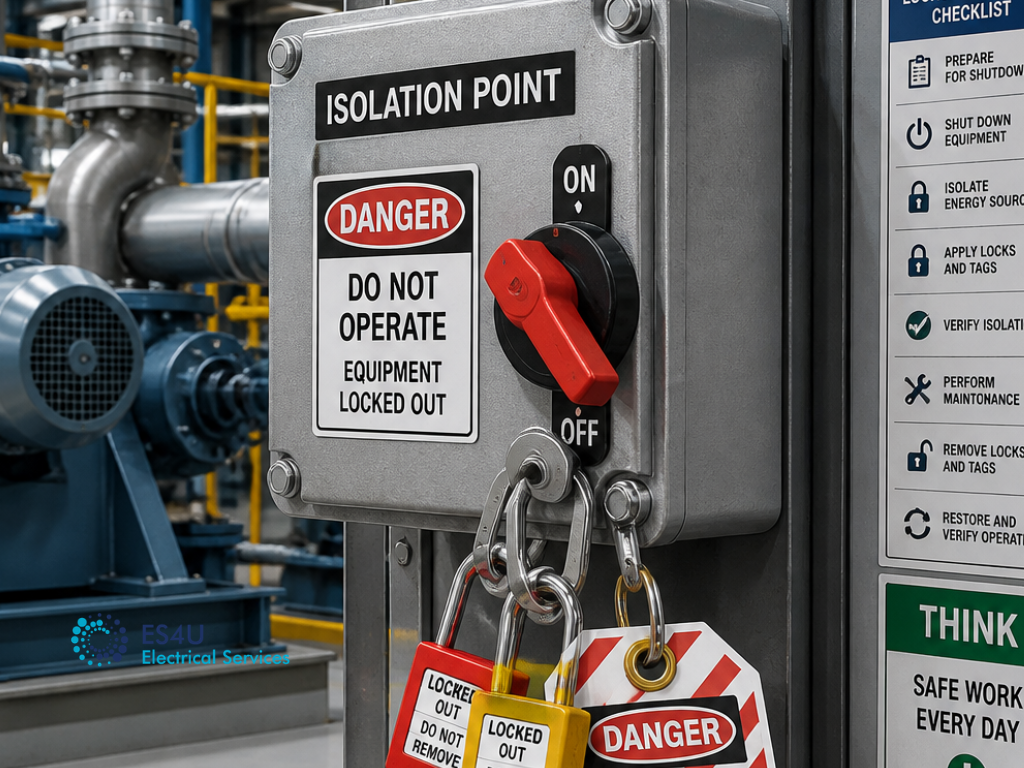 Electrical isolation point secured with safety padlocks and danger tags to prevent unintended operation during maintenance