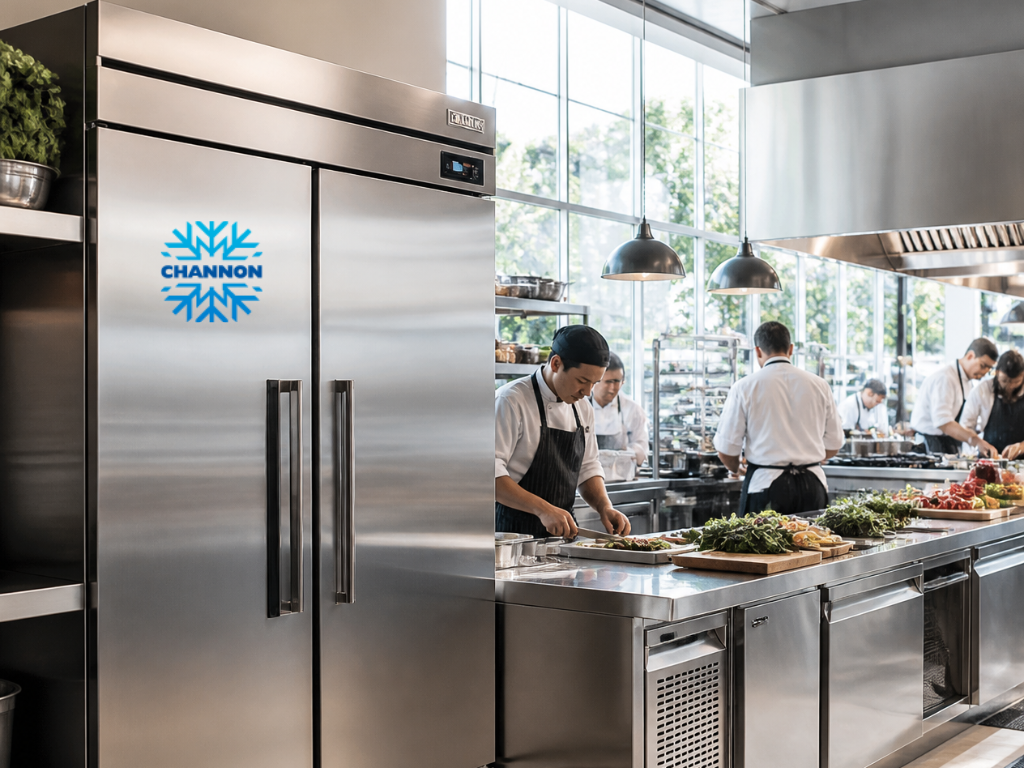 Commercial refrigerator warranty documents and product specifications displayed beside stainless steel refrigeration equipment