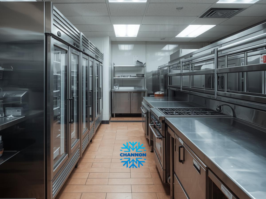 Refrigeration technician inspecting a commercial upright refrigerator while a business owner reviews equipment warranty documents