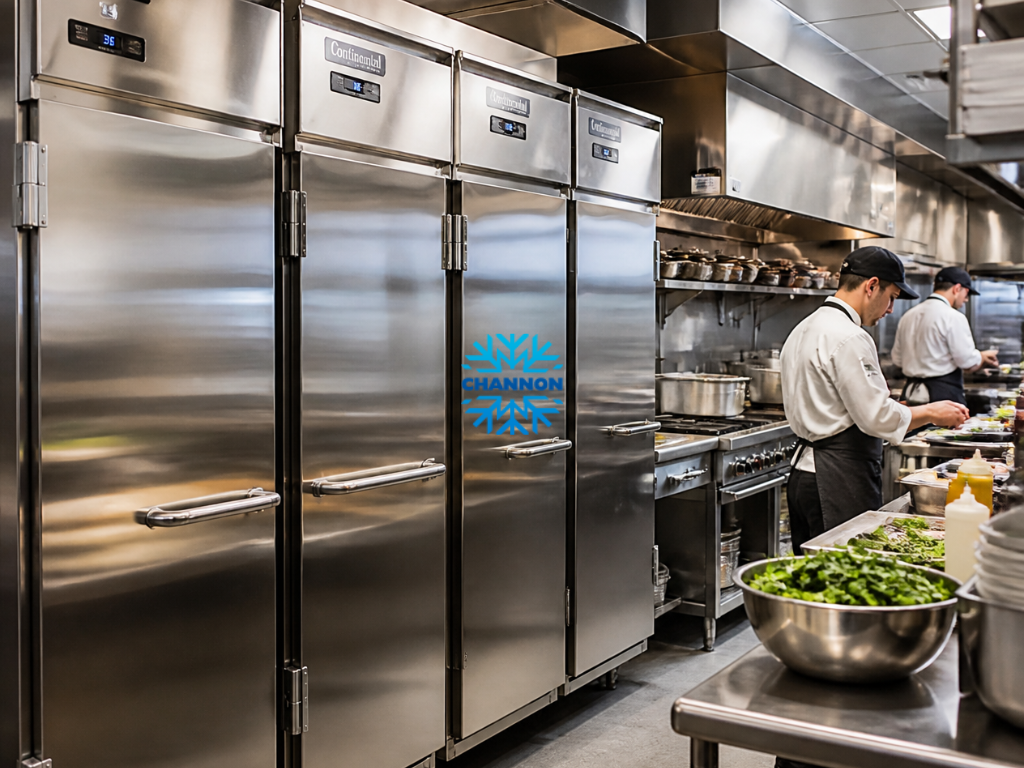 Business owner reviewing a rent-to-buy agreement for commercial refrigeration equipment with a calculator and payment documents