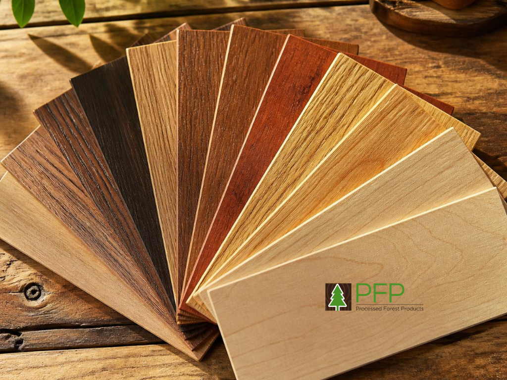 Timber veneer samples beside FSC and PEFC certification documents being reviewed for responsible sourcing information